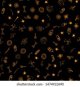 Halloween doodle seamless pattern set isolated on black background. Outline set of seamless pattern with black Halloween doodle elements. Outline collection. Hand drawn sketch magician collection.