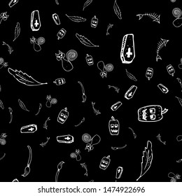 Halloween doodle seamless pattern set isolated on black background. Outline set of seamless pattern with black Halloween doodle elements. Outline collection. Hand drawn sketch magician collection.