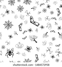 Halloween doodle seamless pattern set isolated on white background. Outline set of seamless pattern with black Halloween doodle elements. Outline collection. Hand drawn sketch magician collection