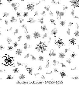 Halloween doodle seamless pattern set isolated on white background. Outline set of seamless pattern with black Halloween doodle elements. Outline collection. Hand drawn sketch magician collection