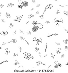 Halloween doodle seamless pattern set isolated on white background. Outline set of seamless pattern with black Halloween doodle elements. Outline collection. Hand drawn sketch magician collection
