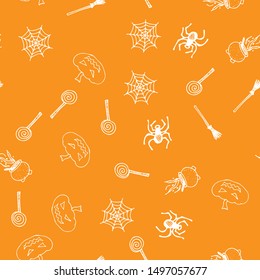 Halloween doodle seamless pattern set isolated on white background. Outline set of seamless pattern with black Halloween doodle elements. Outline collection. Hand drawn sketch magician collection