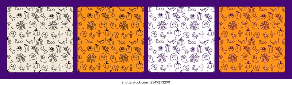 Halloween doodle seamless pattern set. Hand drawn scary pumpkins, skull, bone, ghost, eyeball, tombstone, grunge brush stroke style. Four color variation. Vector illustration