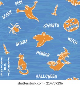 Halloween doodle seamless pattern with silhouettes and text