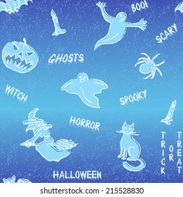 Halloween doodle seamless pattern with silhouettes and text