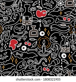 Halloween doodle seamless pattern with skulls bones bats worms candles and poison bottles fall celebration seamless pattern on dark background