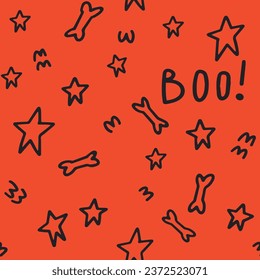 Halloween doodle. Seamless pattern with stars and bones for Halloween. Orange color decor