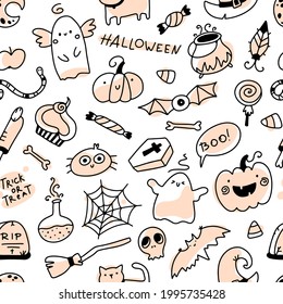 Halloween doodle seamless pattern. Vector holiday characters and horrible elements in simple hand drawn cartoon style. Black outline on a white background. Pastel stains.