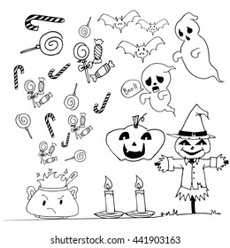 Halloween doodle set candy scarecrow pumpkins vector illustrtion