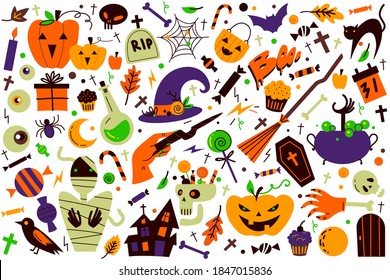 Halloween doodle set. Collection of bats spooky pumpkins owls scary creatures alchemic vodoo equipment isolated on white. Vector illustration of all saints day and witchcraft symbols.