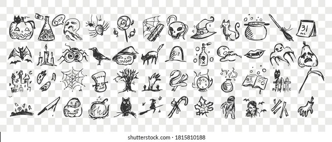 Halloween doodle set. Collection of hand drawn pencil sketches templates patterns of bats pumpkins zombies owls ghots creatures on transparent background. Illustration of all saints day symbols.