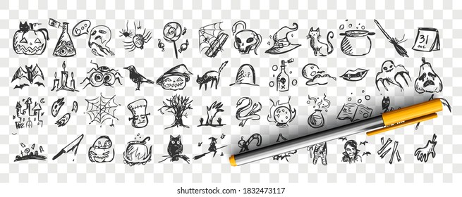 Halloween doodle set. Collection of hand drawn pencil sketches templates patterns of bats pumpkins zombies owls ghots creatures on transparent background. Illustration of all saints day symbols.