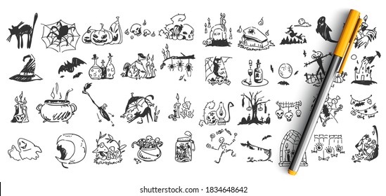 Halloween doodle set. Collection of hand drawn pencil sketches templates patterns of bats pumpkins zombies owls ghots creatures on white background. Illustration of all saints day symbols.