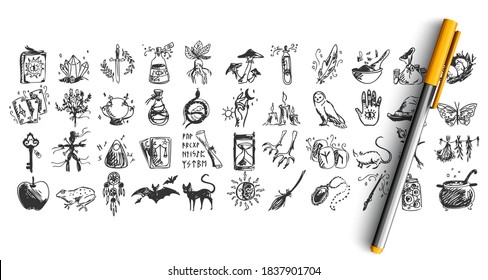 Halloween doodle set. Collection of hand drawn pencil sketches templates patterns of bats pumpkins owls creatures alchemic vodoo equipment. Illustration of all saints day and witchcraft symbols.