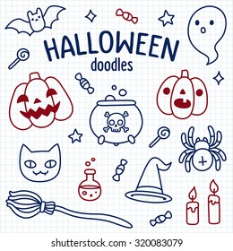 Halloween doodle set. Cute cartoon objects and symbols drawn with pen on lined notebook paper. Vector illustration.