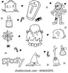 Halloween doodle set flat black and white illustration