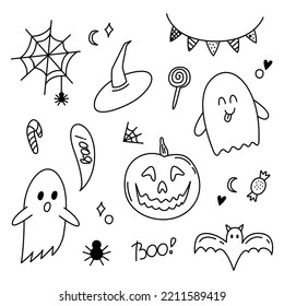 Halloween doodle set. Ghost, pumpkin, sweets, bat, web, spider, witch hat. Cartoon elements isolated on white background. Hand drawn outline vector illustration.
