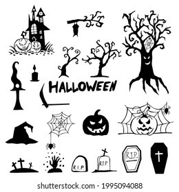 Halloween doodle set hand drawn. Halloween vector collection of holiday symbols. Pumpkin, graves, ghosts, horror, fear and other drawn vector Halloween elements.
