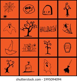 Halloween doodle set hand drawn. Halloween vector collection of holiday symbols. Pumpkin, grave, ghost, horror and other drawn vector Halloween elements.