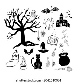 Halloween doodle set. Hand drawn elements for seasonal design, greeting card. Black and white vector illustration on isolated background.