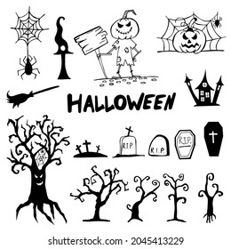Halloween doodle set hand drawn. Halloween vector collection of holiday symbols. Pumpkin, graves, ghosts, horror, fear and other drawn vector Halloween elements.