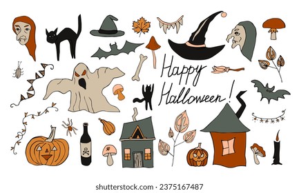 Halloween doodle set. Hand drawn vector Halloween illustration. Pumpkins, witches, mushrooms, potion, ghost.