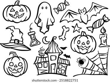 Conjunto de doodle de Halloween, ilustração bonitinha de arte de linha desenhada à mão, coleção de elementos de clip-art