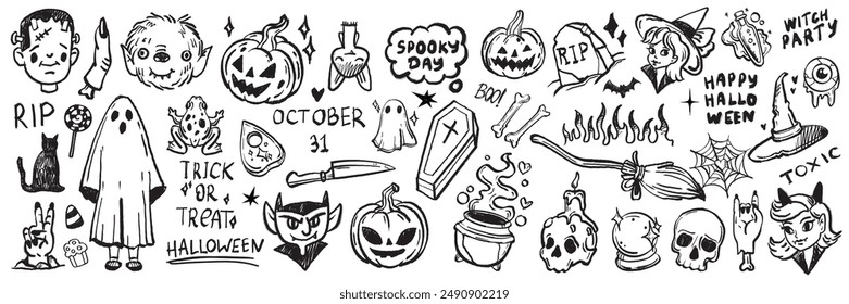 Halloween doodle set, holiday spooky October funny icon, vector horror cartoon scribble, skull, cat. Festive pumpkin face, cute ghost, witch broom, mystery scary celebration symbol. Halloween doodle