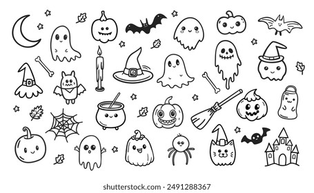 Halloween doodle set, holiday spooky October funny icon, vector horror cartoon scribble, skull, cat. Mystery scary celebration symbol. Vector illustration.