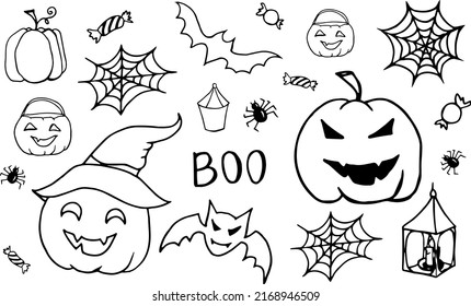 Halloween. Halloween doodle. Set of ink drawings for the holiday. The day of the Dead. Pumpkin. Spider. Darkness. Textile print. Element for a postcard. October.
