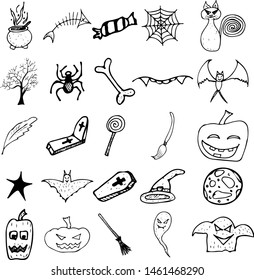 Halloween doodle set isolated on white background. Cartoon set with black Halloween doodle elements. Outline symbol collection. Hand drawn sketch magician collection