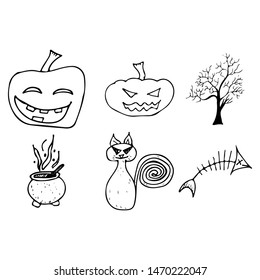 Halloween doodle set isolated on white background. Cartoon set with black Halloween doodle elements. Outline symbol collection. Hand drawn sketch magician collection.