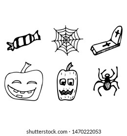 Halloween doodle set isolated on white background. Cartoon set with black Halloween doodle elements. Outline symbol collection. Hand drawn sketch magician collection.