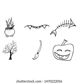 Halloween doodle set isolated on white background. Cartoon set with black Halloween doodle elements. Outline symbol collection. Hand drawn sketch magician collection.