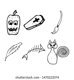 Halloween doodle set isolated on white background. Cartoon set with black Halloween doodle elements. Outline symbol collection. Hand drawn sketch magician collection.