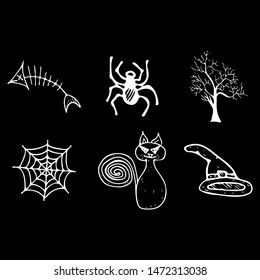 Halloween doodle set isolated on black background. Cartoon set with black Halloween doodle elements. Outline symbol collection. Hand drawn sketch magician collection.