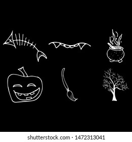 Halloween doodle set isolated on black background. Cartoon set with black Halloween doodle elements. Outline symbol collection. Hand drawn sketch magician collection.