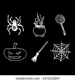 Halloween doodle set isolated on black background. Cartoon set with black Halloween doodle elements. Outline symbol collection. Hand drawn sketch magician collection.