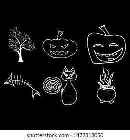 Halloween doodle set isolated on black background. Cartoon set with black Halloween doodle elements. Outline symbol collection. Hand drawn sketch magician collection.