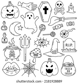 Halloween doodle set isolated on a white background. Black and white line art.