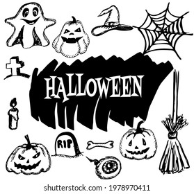 Halloween Doodle Set on White Background. Creative design for invitation and party. Hand Drawn Vector illustration