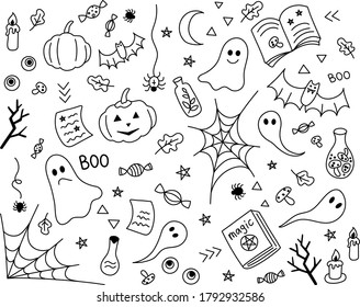 Halloween doodle set. Pumpkins, ghosts, spider web, bats, mushrooms, candles, bottles, magic books. Hand drawn vector  background. Black outlines isolated on a white.