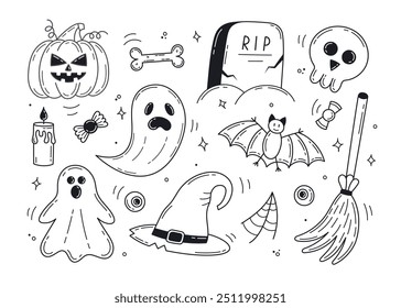 Halloween Doodle Set. Scary creepy icons with ghost, evil pumpkin, bat, skull and witch hat. Celebrating horror holiday. Outline vector illustration collection isolated on white background