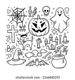 Halloween doodle set, square card. Cute hand drawn creepy vector illustration. Horror sketch. October 31 celebration elements design collection. Scary cartoon items, icons, clip art in trendy style.