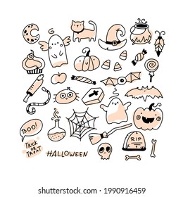 Juego de doodles de Halloween. Personajes de vacaciones vectoriales y elementos horribles en un sencillo estilo de caricatura dibujado a mano. Borde negro sobre fondo blanco. Manchas pasteles.