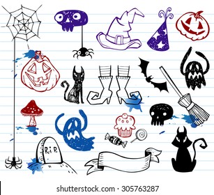 Halloween doodle set vector illustration.