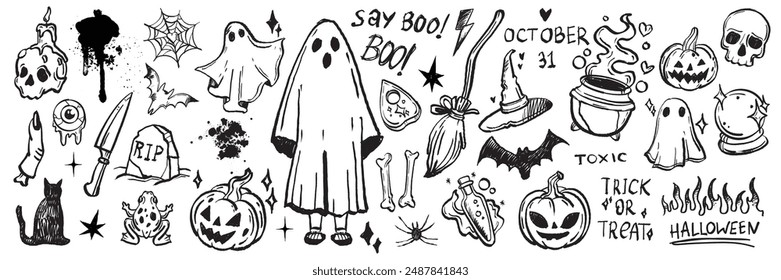 Halloween doodle set, Vector de octubre de vacaciones espeluznante divertido icono, garabato de dibujos animados de terror, cráneo, gato. Cara de calabaza festiva, fantasma lindo, escoba de bruja, misterioso símbolo de la celebración de miedo. Doodle de Halloween