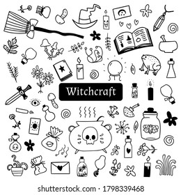Halloween doodle set of witchcraft stuff on white background. Drawn by hand spooky halloween vector elements for creepy decorative designs.