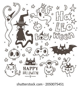 Halloween doodle sticker pack. Cartoon horror funny characters. Set of line art monsters.