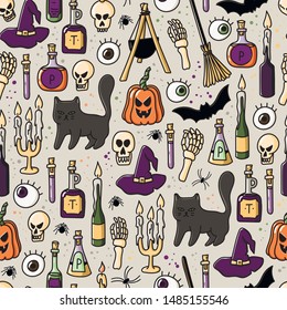 Halloween doodle style seamless pattern. Hand drawn cartoon background. Stock vector